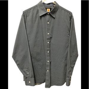 S Q Wear, Dress shirt, long sleeve button up, black blue dots 16 1/2 XL